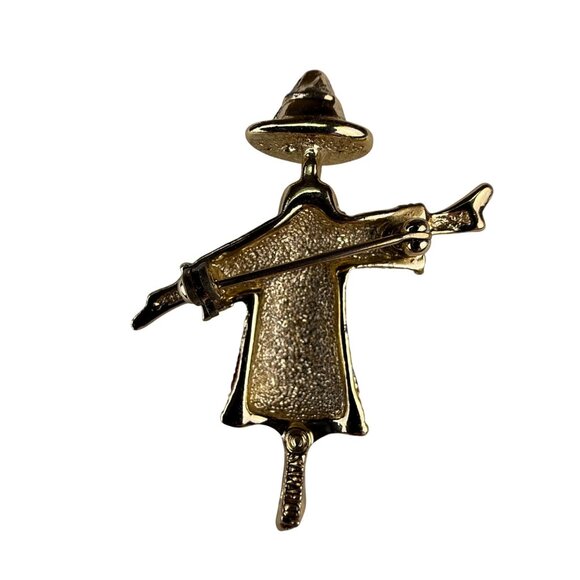 Sarah Coventry Gold Tone Enamel Scarecrow Brooch Pin Red Blue Yellow - Picture 2 of 6